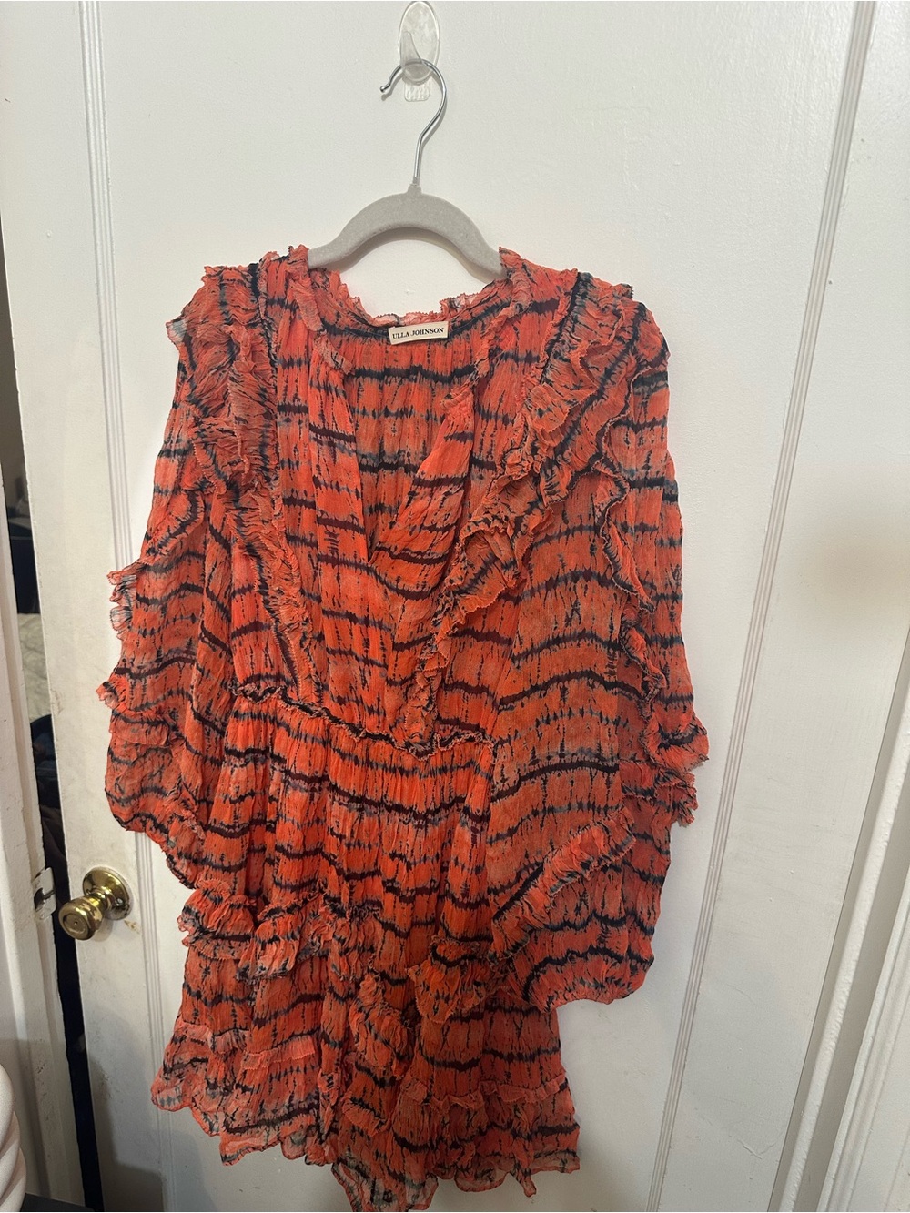 Ulla Johnson Burnt Orange & Black Ruffle Mini Dress – Boho Romantic Designer